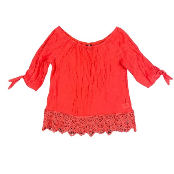Bobeau Top Blouse Red Orange Off The Shoulder Lace‎ Hem Women's Size Medium - Picture 1 of 16